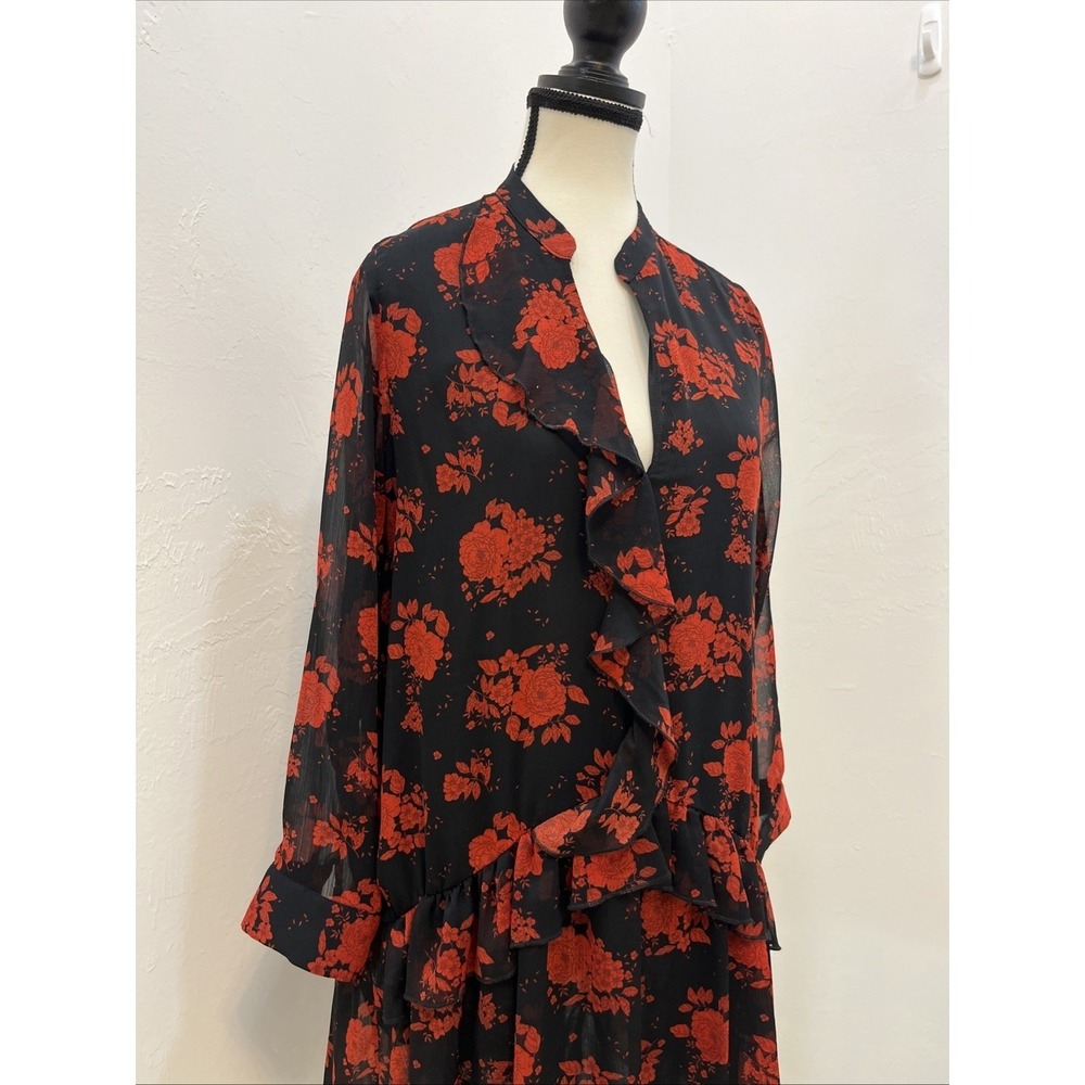 Zara Floral Mini Dress Womens L Black Red Rose Ruffle V-Neck Long Sleeve Good - Picture 6 of 11